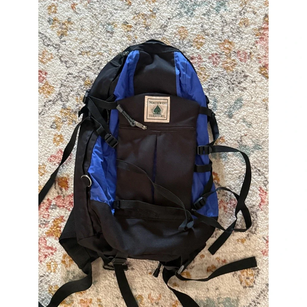 Northwest Territory Hiking Backpack Black Blue Nylon Compression Straps Daypack